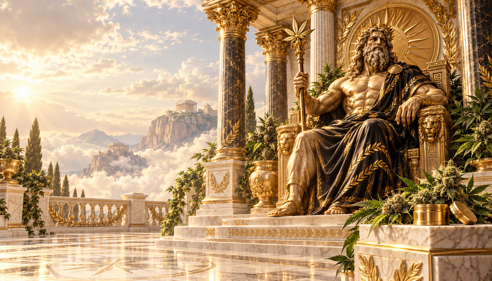 Palais de l’Olympe en marbre et or, statue majestueuse et composition botanique